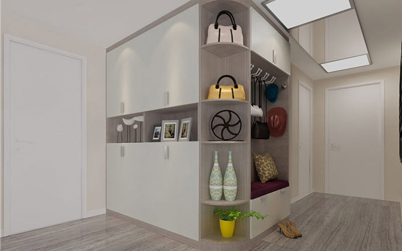 Entrance door corner: storage cabinet + display cabinet